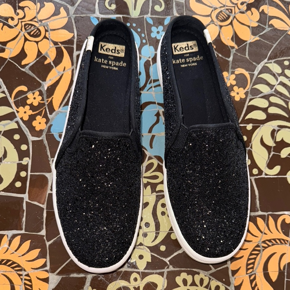 KEDS x KATE SPADE NEW YORK Double Decker  Black Glitter Slip On Mules Sz: 7.5